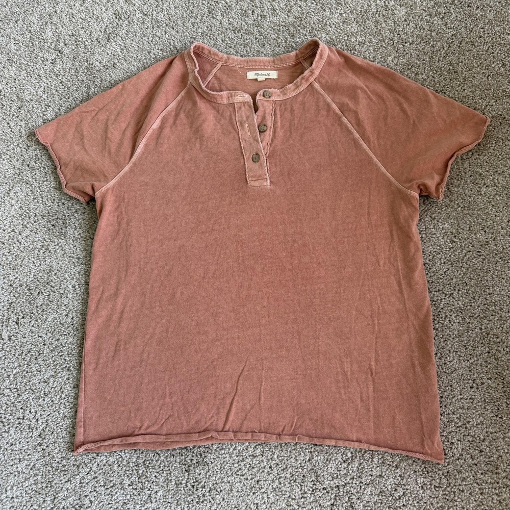 Madewell Shirt Womens L Pink Henley Raglan Short Sleeve Basic Cotton Tee Top